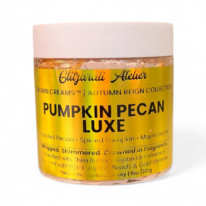Jar of pumpkin pecan luxe product with yellow label on a white background