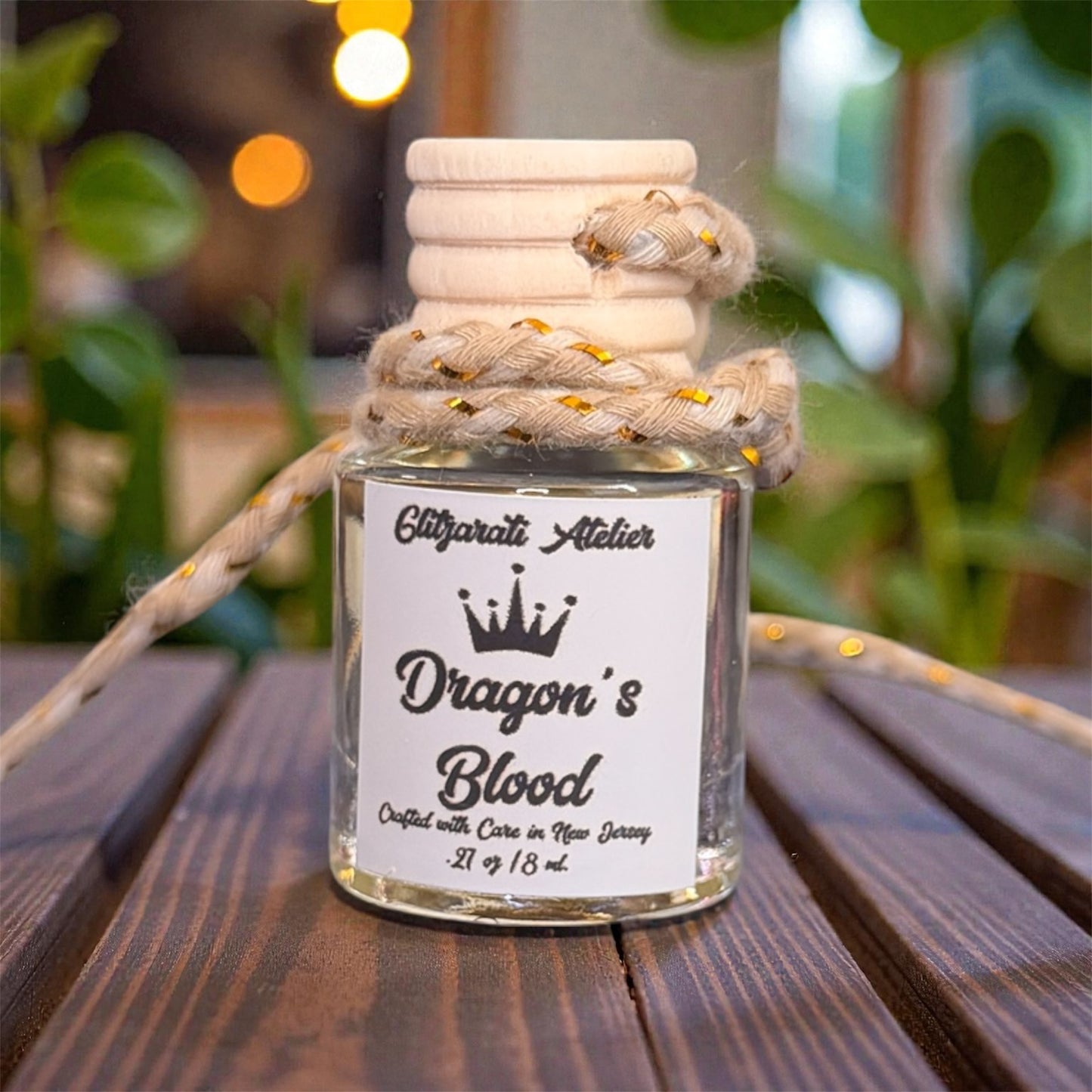 Dragon’s Blood Hanging Car Diffuser | Earthy Spiced Resin Car Air Freshener | 8ml Glass Diffuser by Glitzarati Atelier™