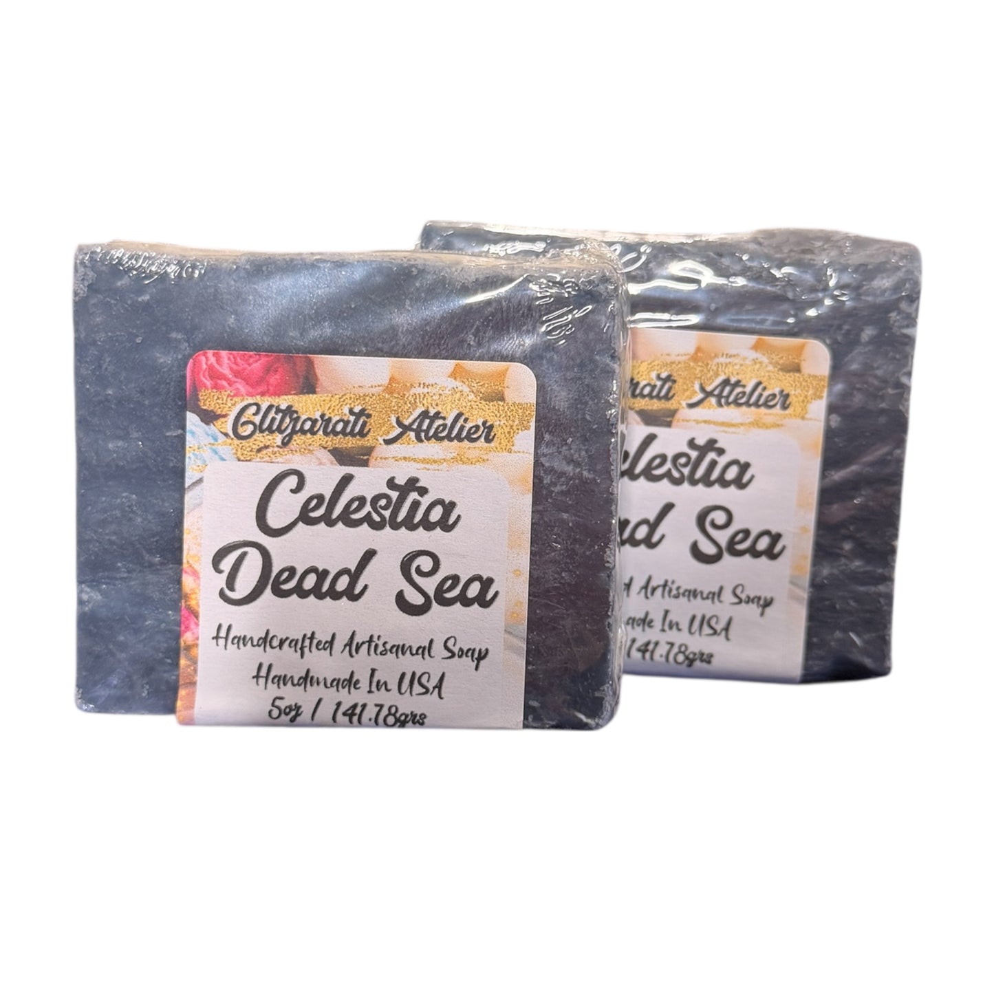 Two bars of Celestia Dead Sea soap with labels on a white background