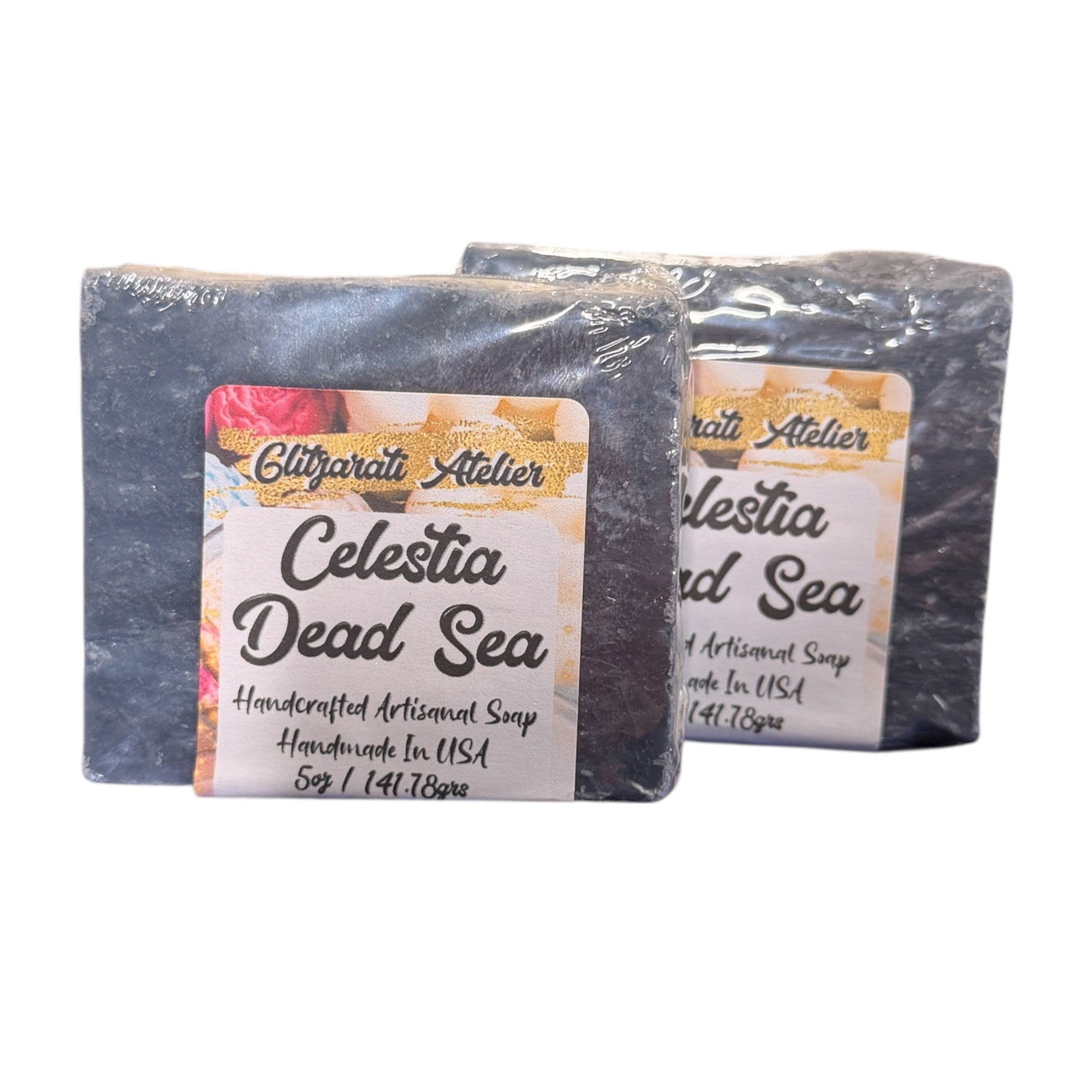 Two bars of Celestia Dead Sea soap with labels on a white background