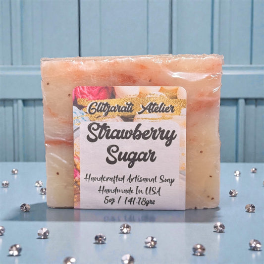 Strawberry Sugar Exfoliating Soap Bar – Cold Process with Aloe & Seeds | Fruity Vegan Skincare | Glitzarati Atelier