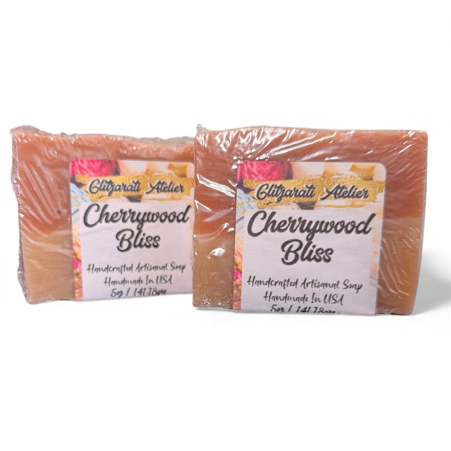 Two bars of Cherrywood Bliss soap from Glifgarati Atelier on a white background