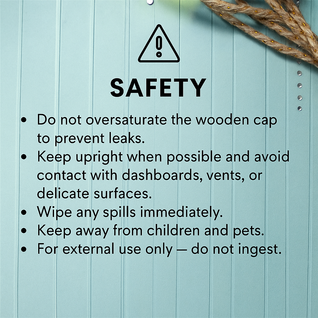 Safety instructions for a product with a wooden cap on a light blue background.