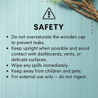 Safety instructions for a product with a wooden cap on a light blue background.