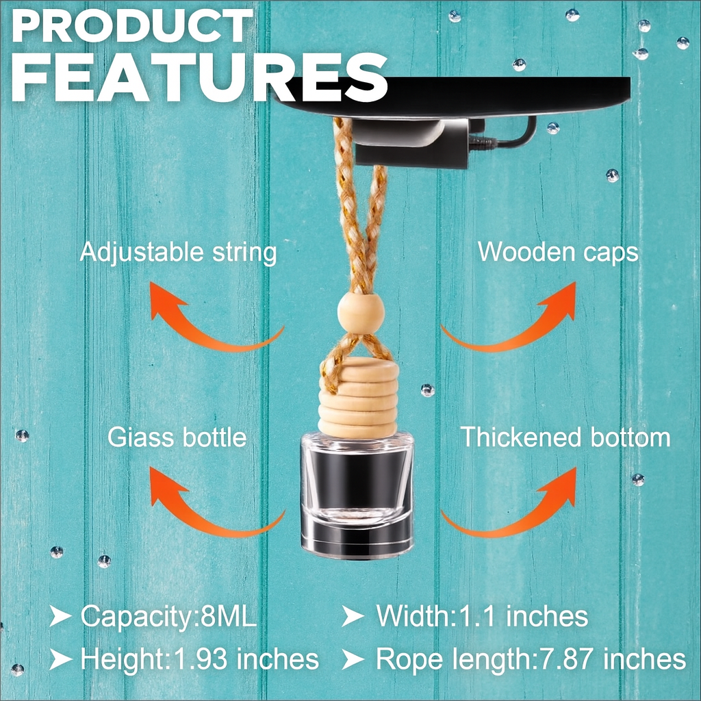 Product features of a glass bottle with wooden caps on a blue wooden background