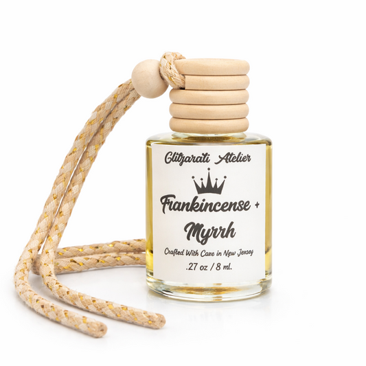Frankincense & Myrrh Hanging Car Diffuser – Earthy Oud & Resin Incense | 8ml Glass Freshener by Glitzarati Atelier