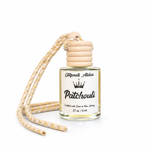 Patchouli Hanging Car Diffuser – Earthy Spice, Amber & Oud | 8ml Glass Freshener by Glitzarati Atelier