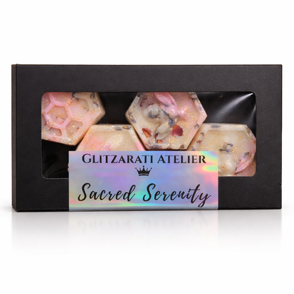 Box of 'Sacred Serenity' soaps from Glitzarati Atelier on a white background