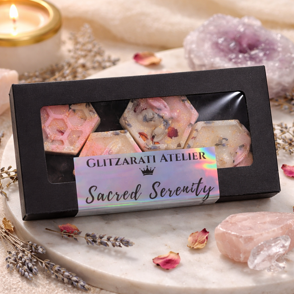 Box of 'Sacred Serenity' candles from Glitzarati Atelier on a marble surface with crystals and lavender.