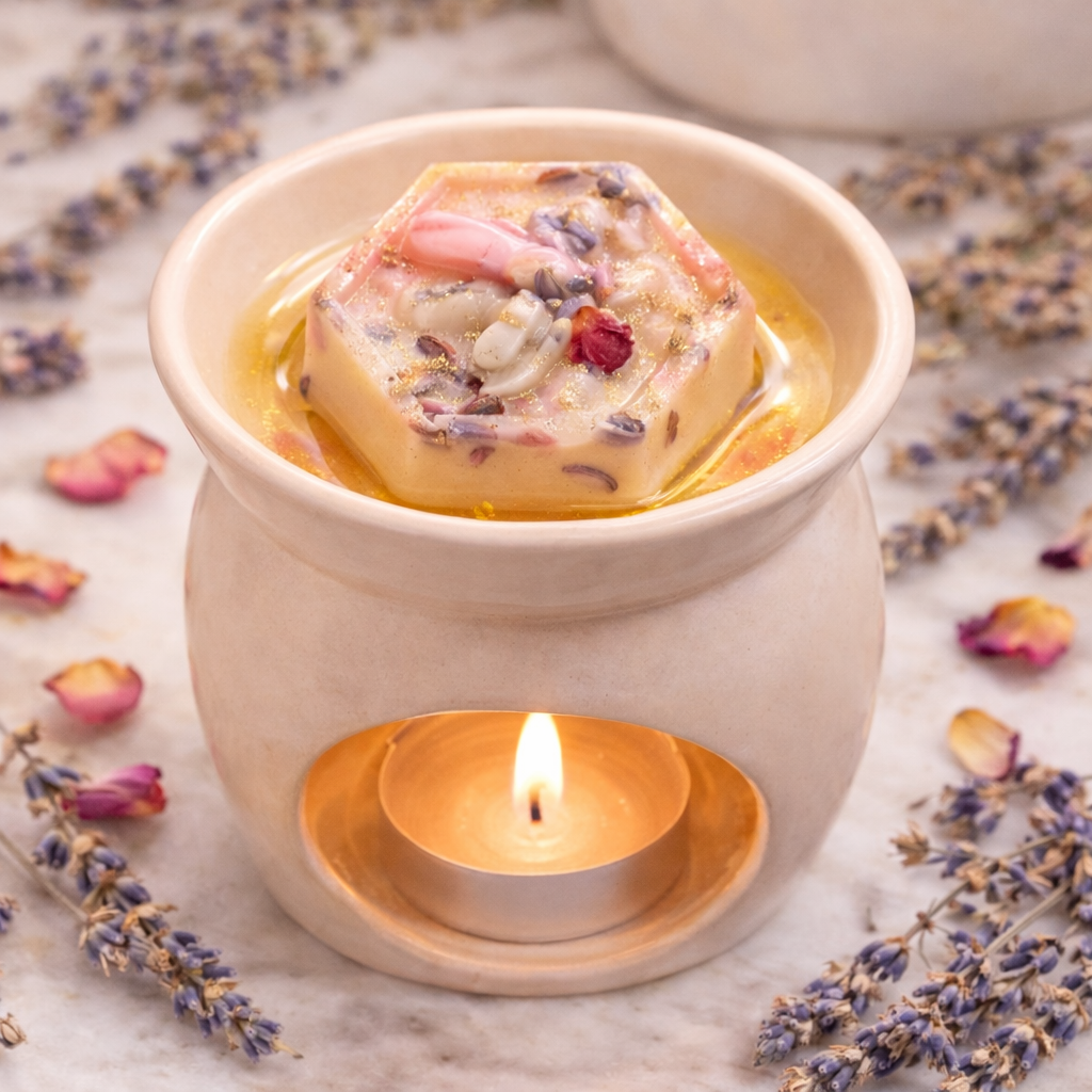 Aroma lamp with a scented wax melt and burning candle, surrounded by lavender flowers and petals.