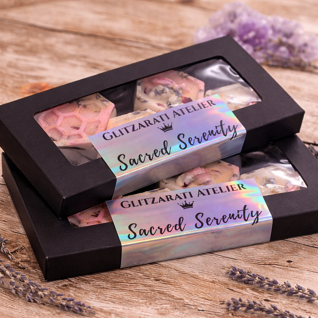 Box of 'Sacred Serenity' soap bars with 'Glitzarati Atelier' branding on a wooden surface.