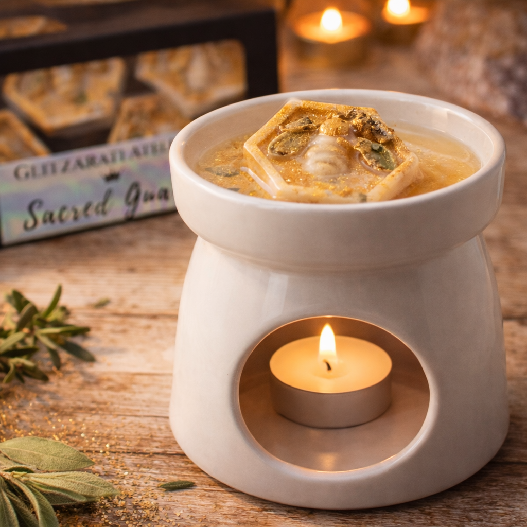 White ceramic oil burner with a lit candle on a wooden surface, surrounded by herbs and a box labeled 'Sacred Incense'.