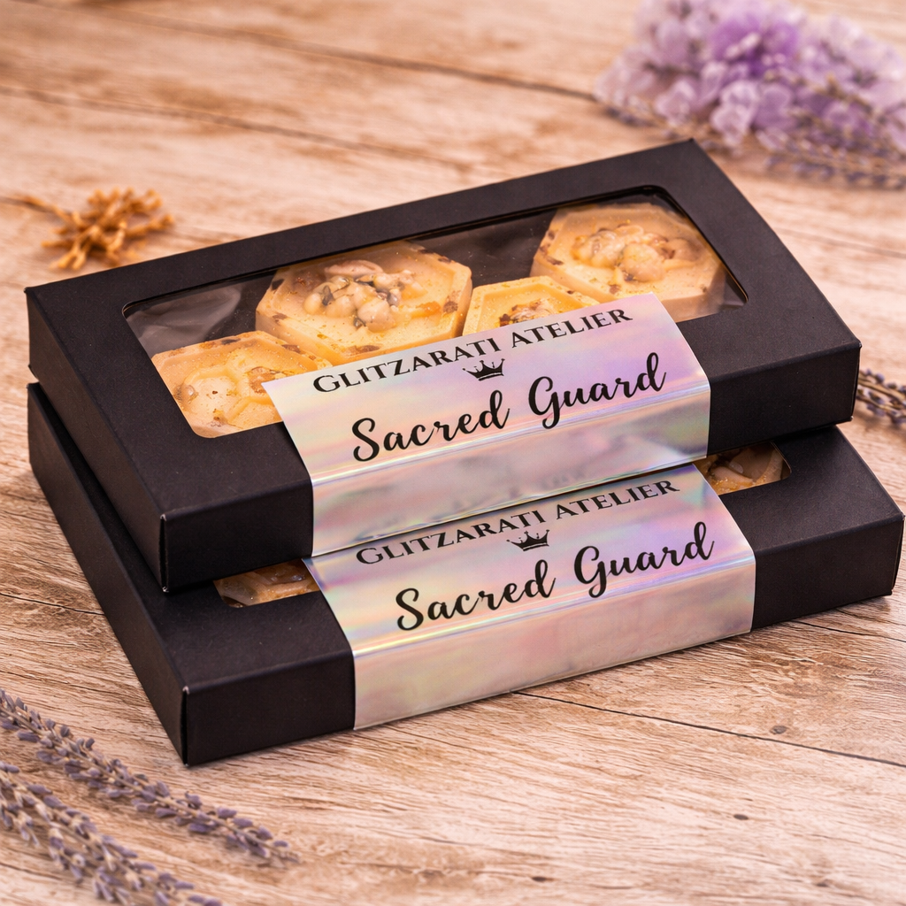 Box of 'Sacred Guard' soap bars with 'Glitzarati Atelier' branding on a wooden surface.