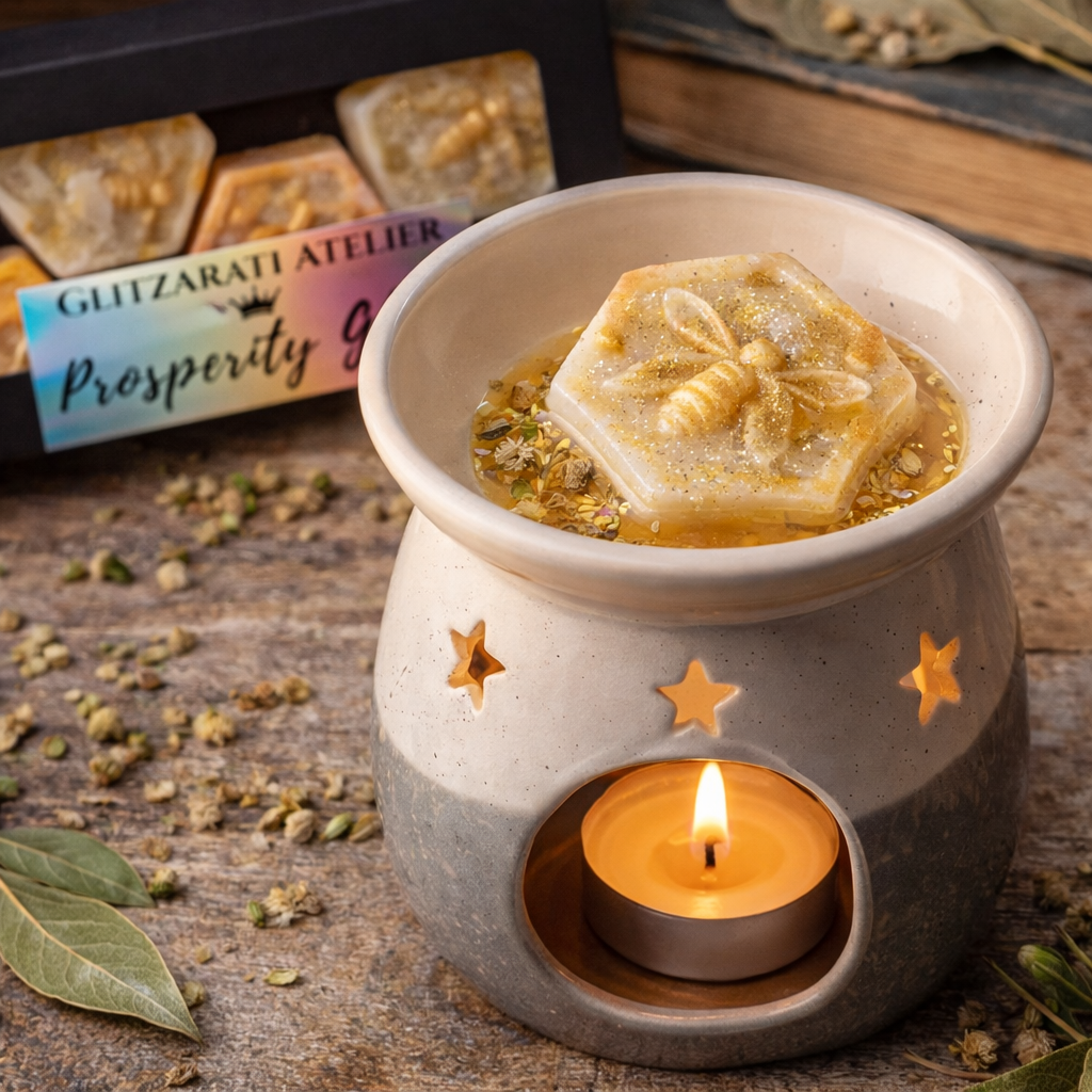 Sacred Crown™ Manifestation Bee Melts – Prosperity Glow | Frankincense, Myrrh, Chamomile & Bay Leaf | Coconut Soy Wax | Set of 4 Bees | Net Wt. 2.8 oz | Glitzarati Atelier
