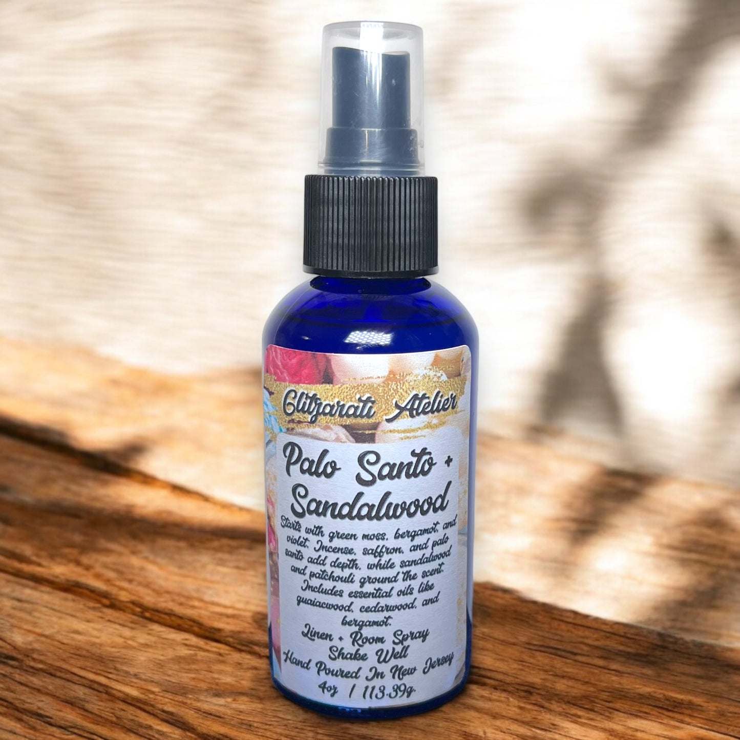 Palo Santo & Sandalwood Linen & Room Fine Mist Spray Bottle 4oz Natural Odor Eliminator