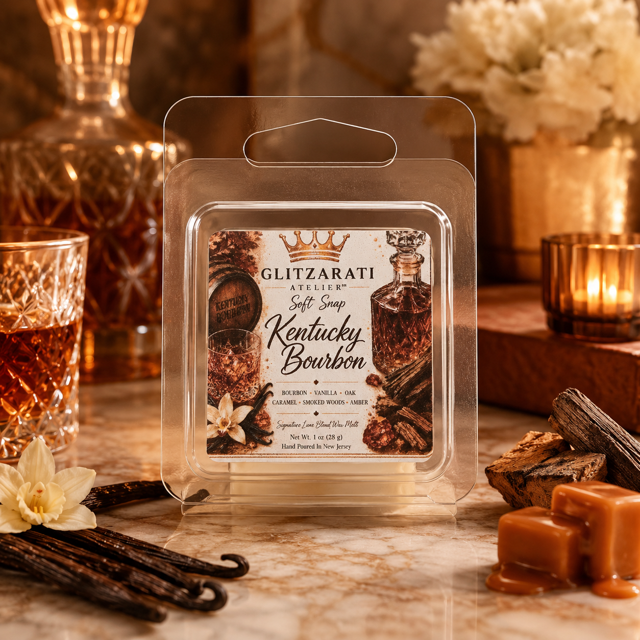 Kentucky Bourbon | Signature Luxe Blend Wax Melt | Fruity Woods, Vanilla & Musk | 1 oz Clamshell | Glitzarati Atelier™
