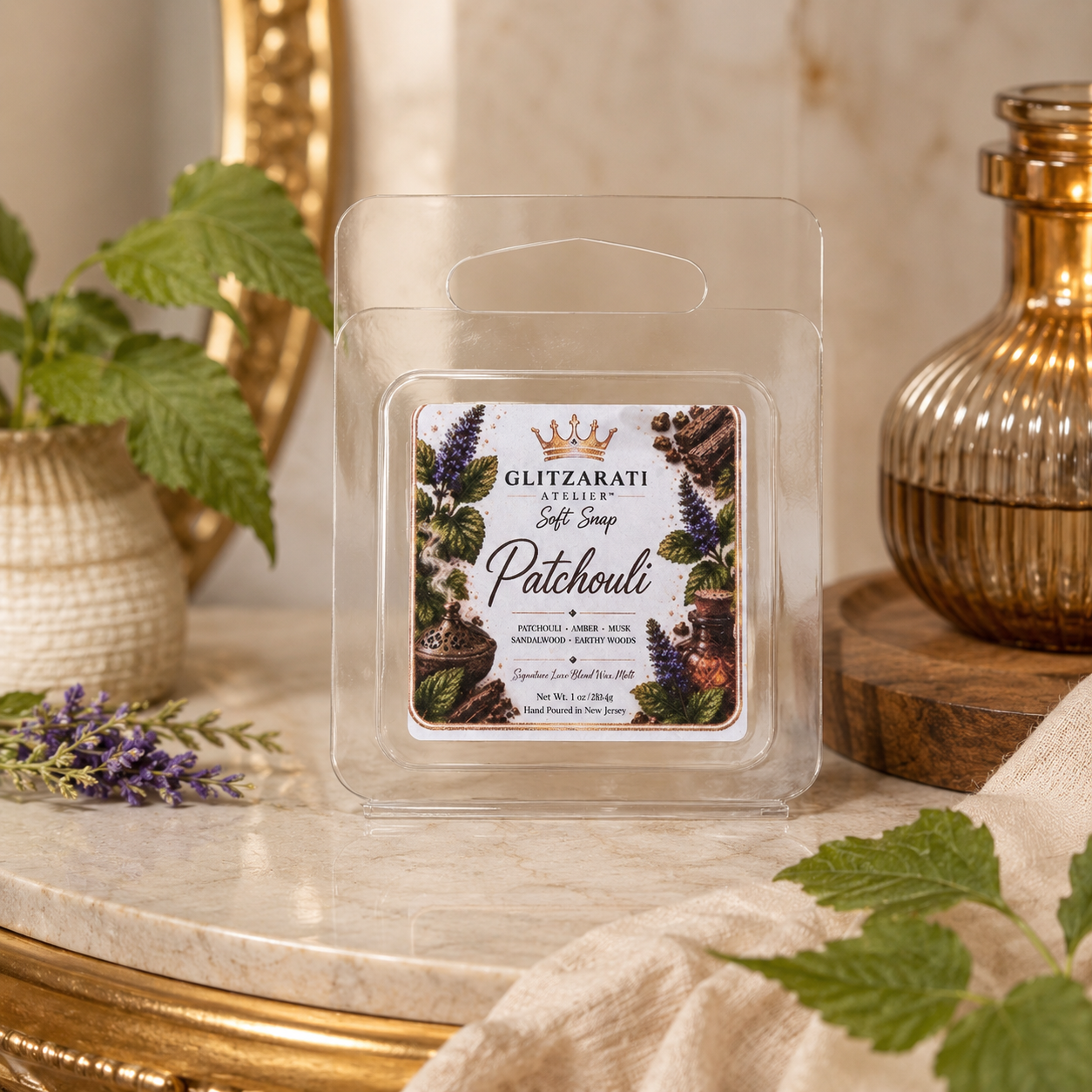 Patchouli | Signature Luxe Blend Wax Melt | Earthy Patchouli Leaves, Warm Woods & Soft Musk | 1 oz Clamshell | Glitzarati Atelier™