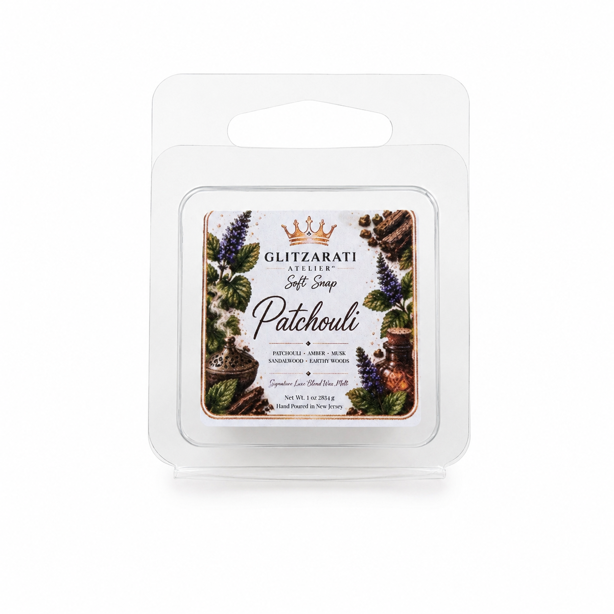 Patchouli | Signature Luxe Blend Wax Melt | Earthy Patchouli Leaves, Warm Woods & Soft Musk | 1 oz Clamshell | Glitzarati Atelier™