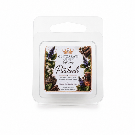 Patchouli | Signature Luxe Blend Wax Melt | Earthy Patchouli Leaves, Warm Woods & Soft Musk | 1 oz Clamshell | Glitzarati Atelier™