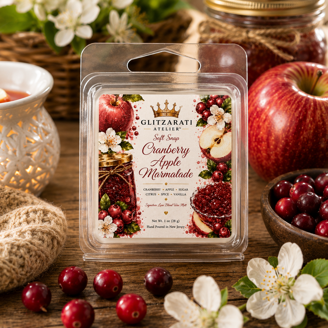 Cranberry Apple Marmalade | Signature Luxe Blend Wax Melt | Cranberry, Apple, Citrus Sugar & Warm Spice | 1 oz Clamshell | Glitzarati Atelier™