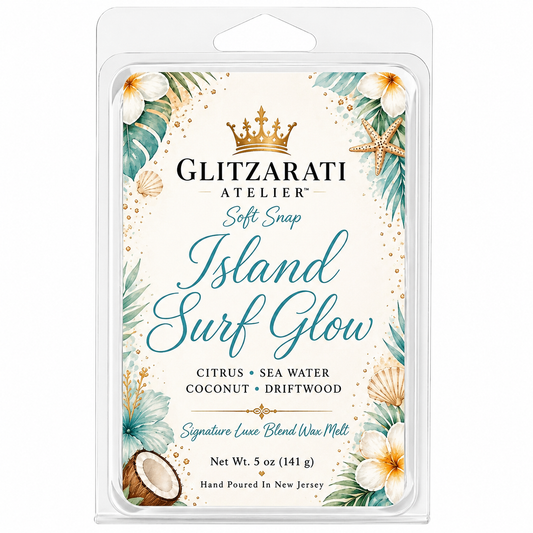 Glitzerati Atelier Island Surf Glow wax melt packaging with tropical design elements.