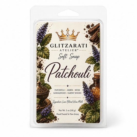 Glitzerati Atelier Patchouli soft snap packaging with decorative elements on a white background