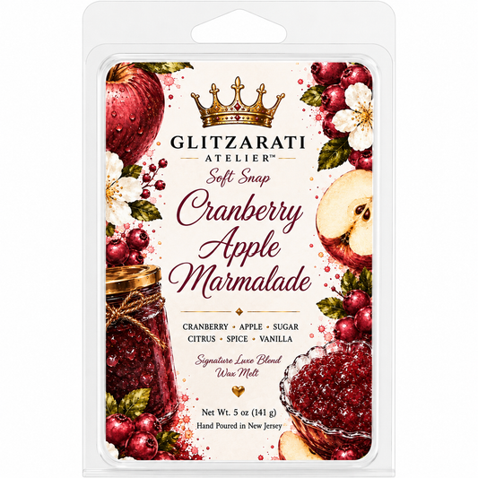 Glitzarati Atelier Cranberry Apple Marmalade wax melt packaging with fruit illustrations.