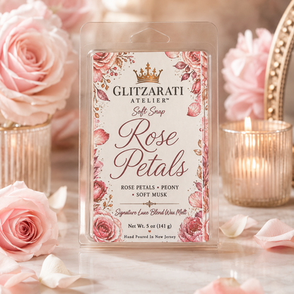 Glitzerati Atelier Rose Petals wax melt packaging with pink roses and candles in the background