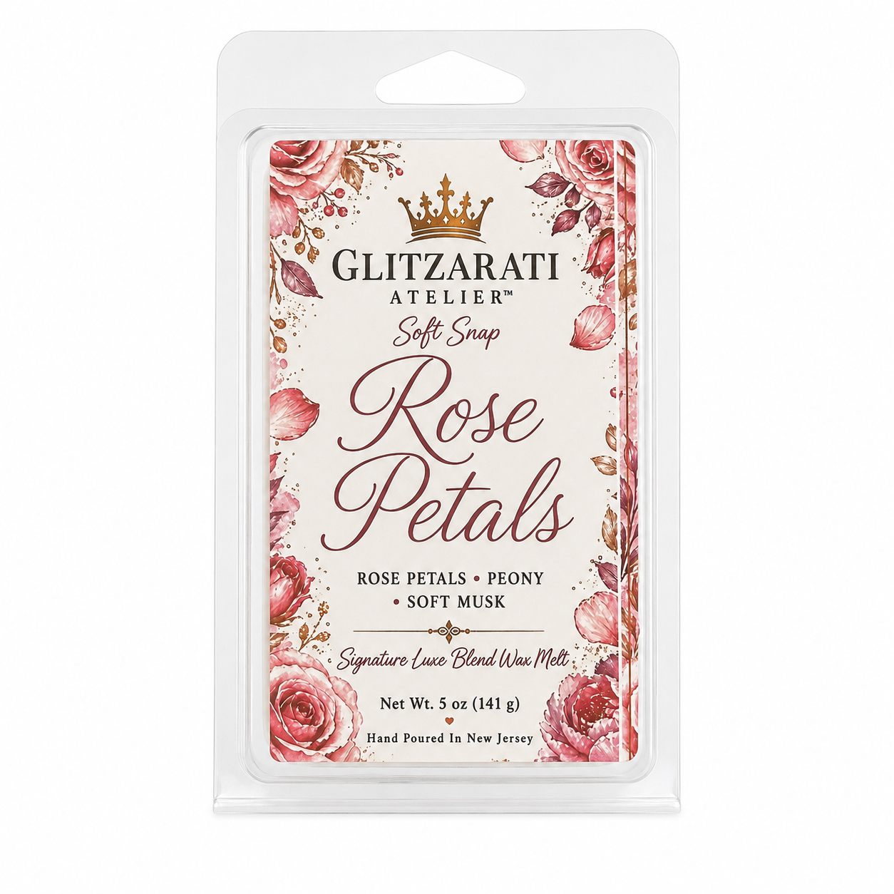 Glitzerati Atelier Rose Petals wax melt packaging with floral design