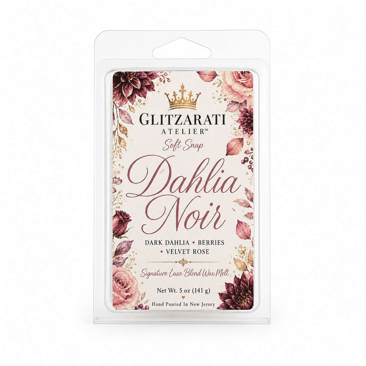 Wax melt package with floral design and 'Dahlia Noir' branding on a white background
