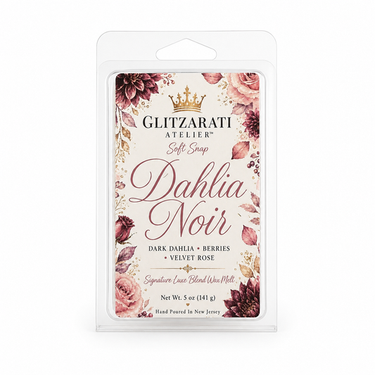 Wax melt package with floral design and 'Dahlia Noir' branding on a white background