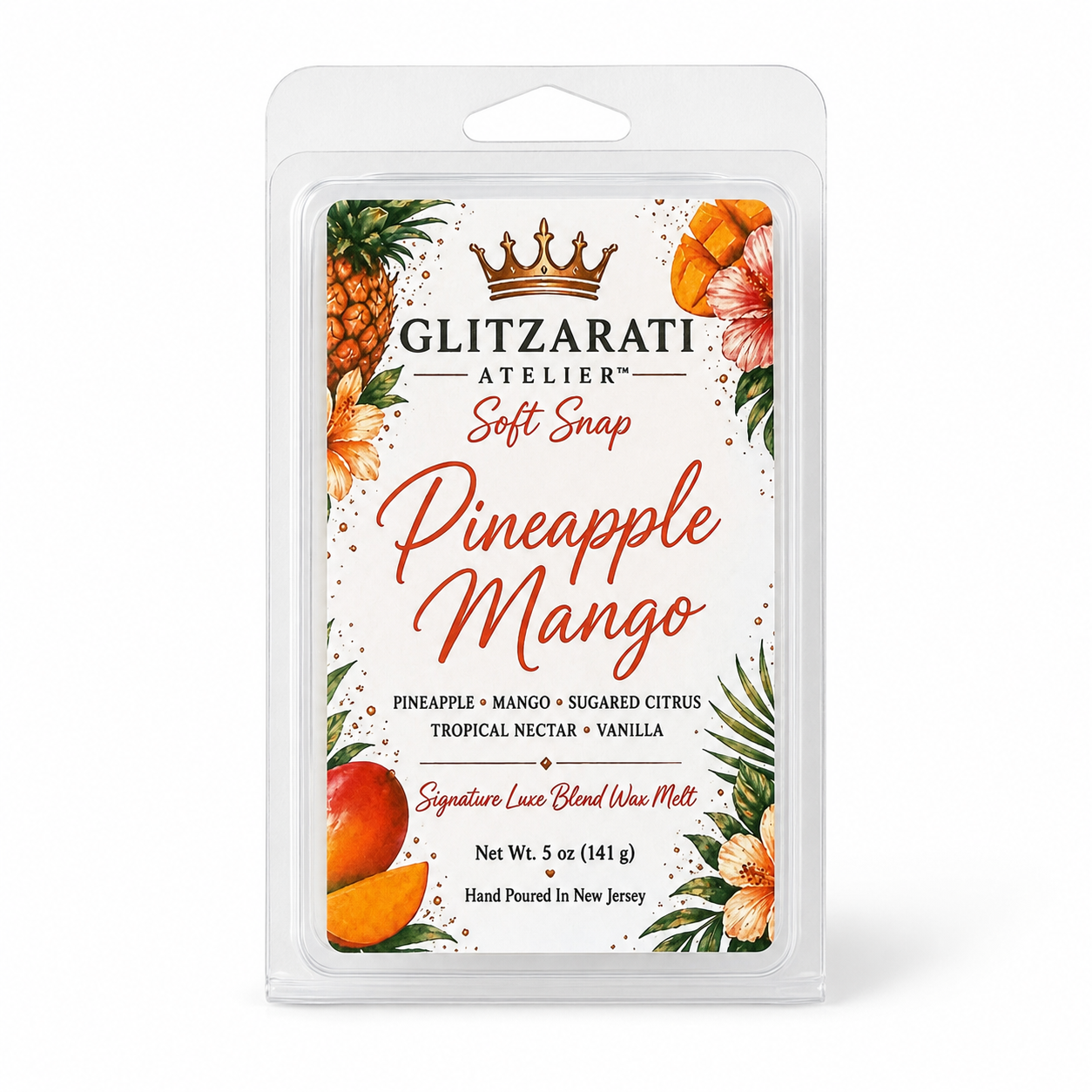 Glitzerati Atelier Pineapple Mango wax melt packaging on a white background
