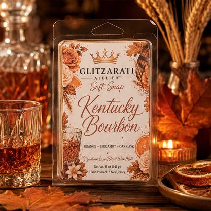 Glitzerati Atelier Kentucky Bourbon wax melt packaging with autumn-themed design.