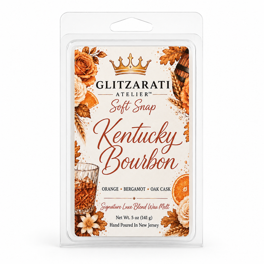 Glitzarati Atelier Kentucky Bourbon wax melt packaging with floral and crown design.