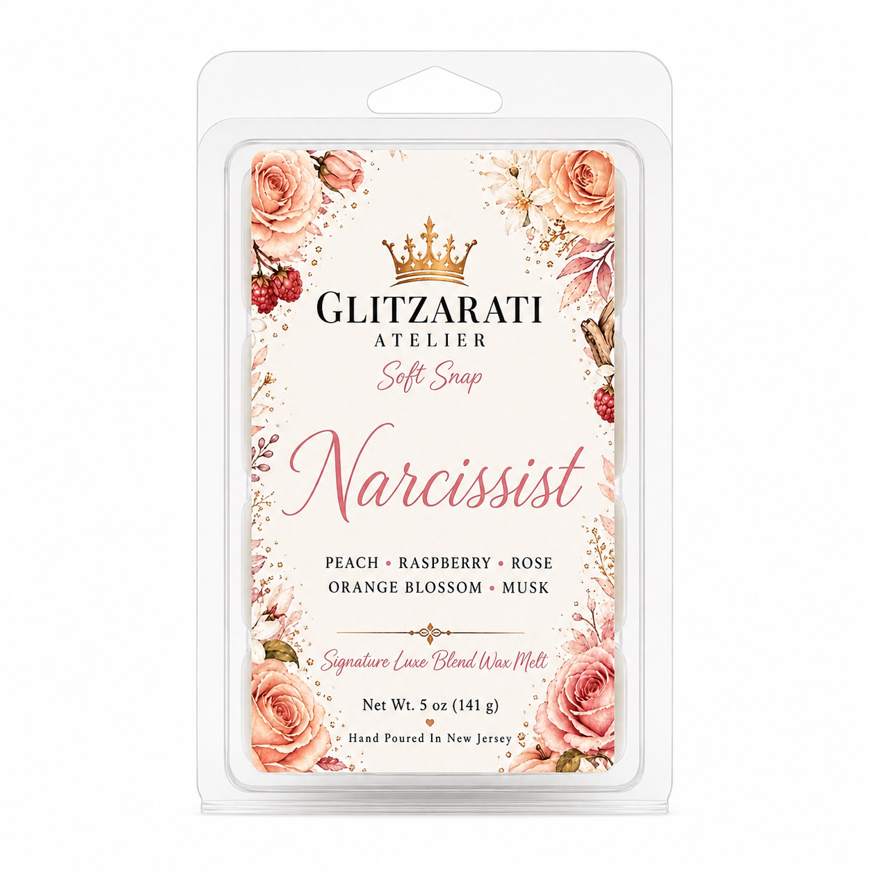 Glitzarati Atelier Narcissist wax melt packaging with floral design