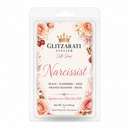 Glitzarati Atelier Narcissist wax melt packaging with floral design
