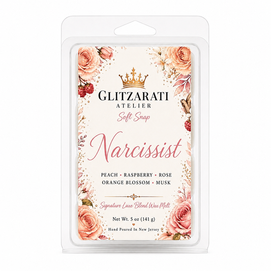 Glitzarati Atelier Narcissist wax melt packaging with floral design