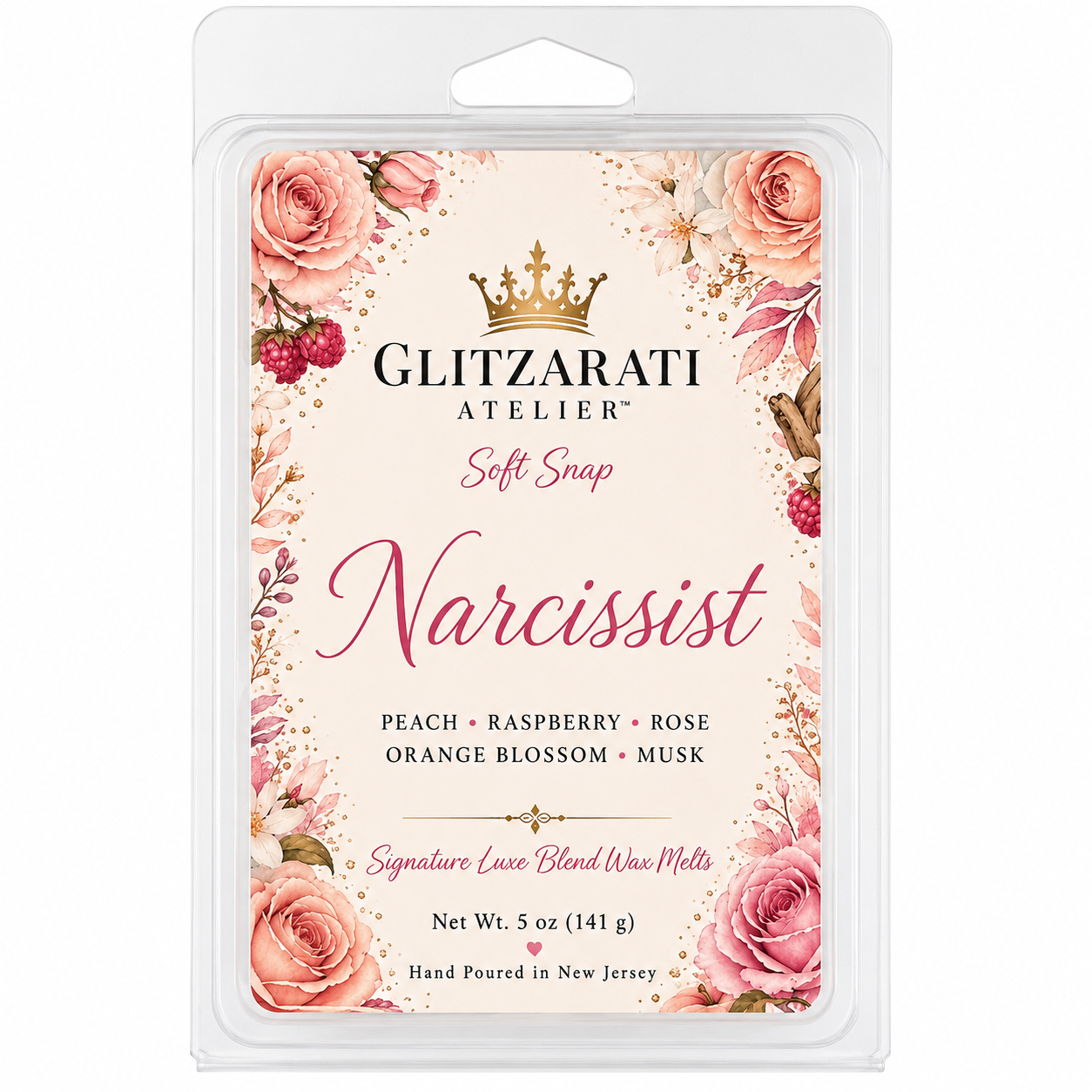 Glitzarati Atelier Narcissist wax melt package with floral design