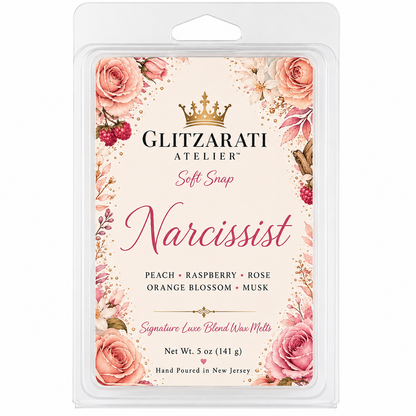 Glitzarati Atelier Narcissist wax melt package with floral design