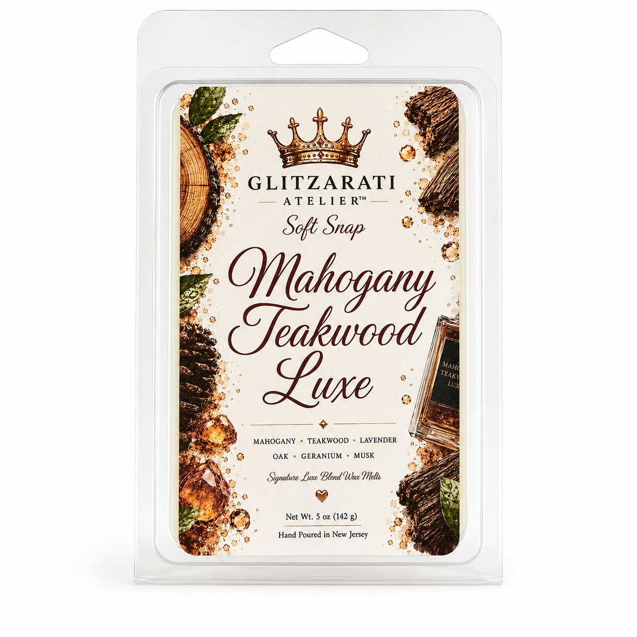 Glitzarati Atelier Mahogany Teakwood Luxe wax melt packaging on a white background