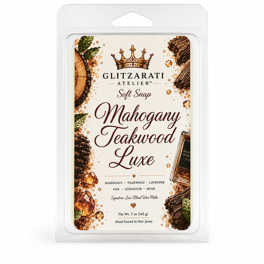 Glitzarati Atelier Mahogany Teakwood Luxe wax melt packaging on a white background