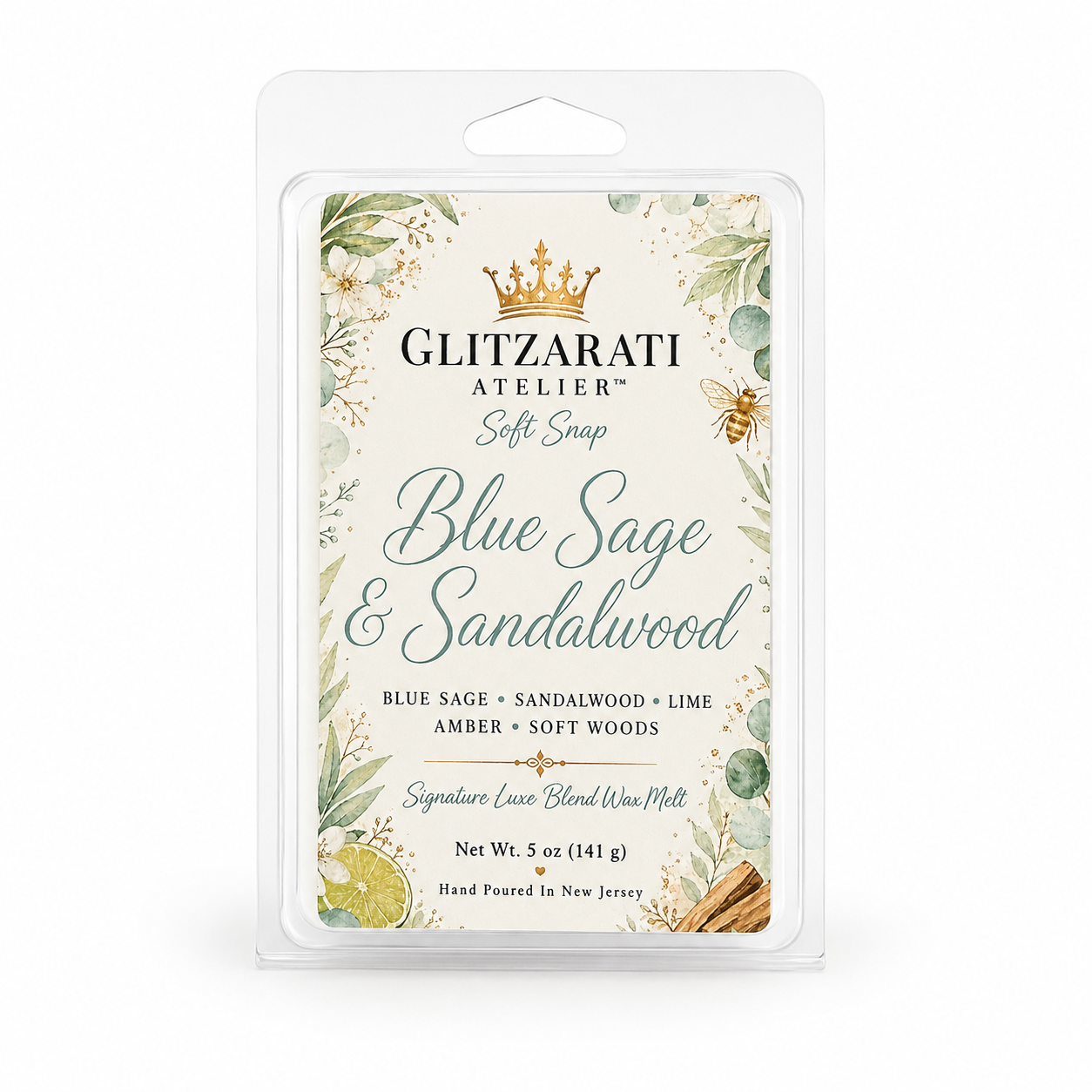 Glitzerati Atelier Blue Sage & Sandalwood wax melt packaging on a white background