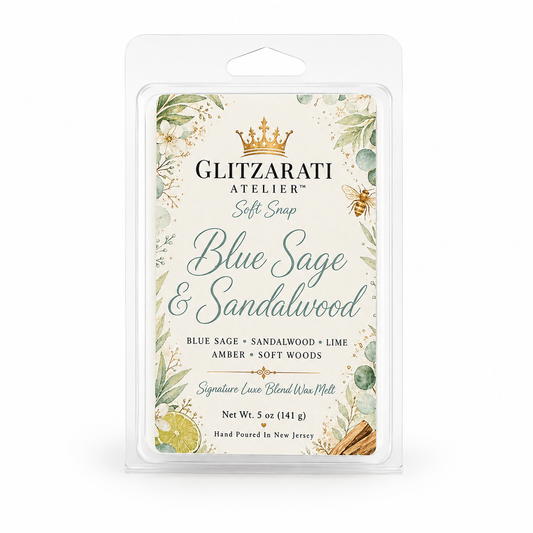 Glitzerati Atelier Blue Sage & Sandalwood wax melt packaging on a white background
