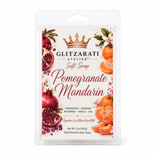 Glitzerati Atelier Pomegranate Mandarin wax melt package on a white background