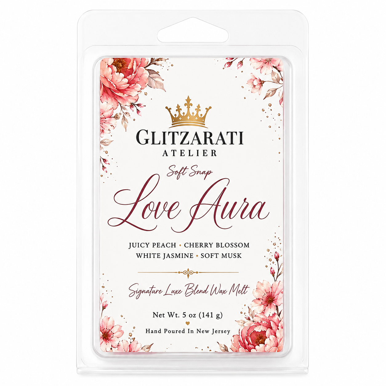 Wax melt packaging with floral design and 'Glitzerarati Atelier' branding