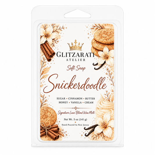 Glitzarati Atelier Snickerdoodle wax melt packaging with cookies, cinnamon, and vanilla on a white background
