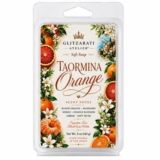 Taormina Orange | Signature Luxe Blend Wax Melt | Blood Orange, Green Mandarin & Citrus Woods | 5 oz Clamshell | Glitzarati Atelier™