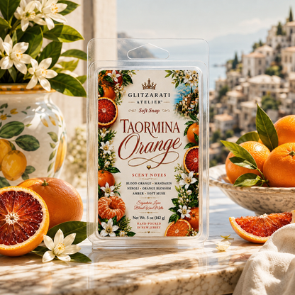 Taormina Orange | Signature Luxe Blend Wax Melt | Blood Orange, Green Mandarin & Citrus Woods | 5 oz Clamshell | Glitzarati Atelier™