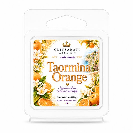 Taormina Orange | Signature Luxe Blend Wax Melt | Blood Orange, Green Mandarin & Citrus Woods | 1 oz Clamshell | Glitzarati Atelier™