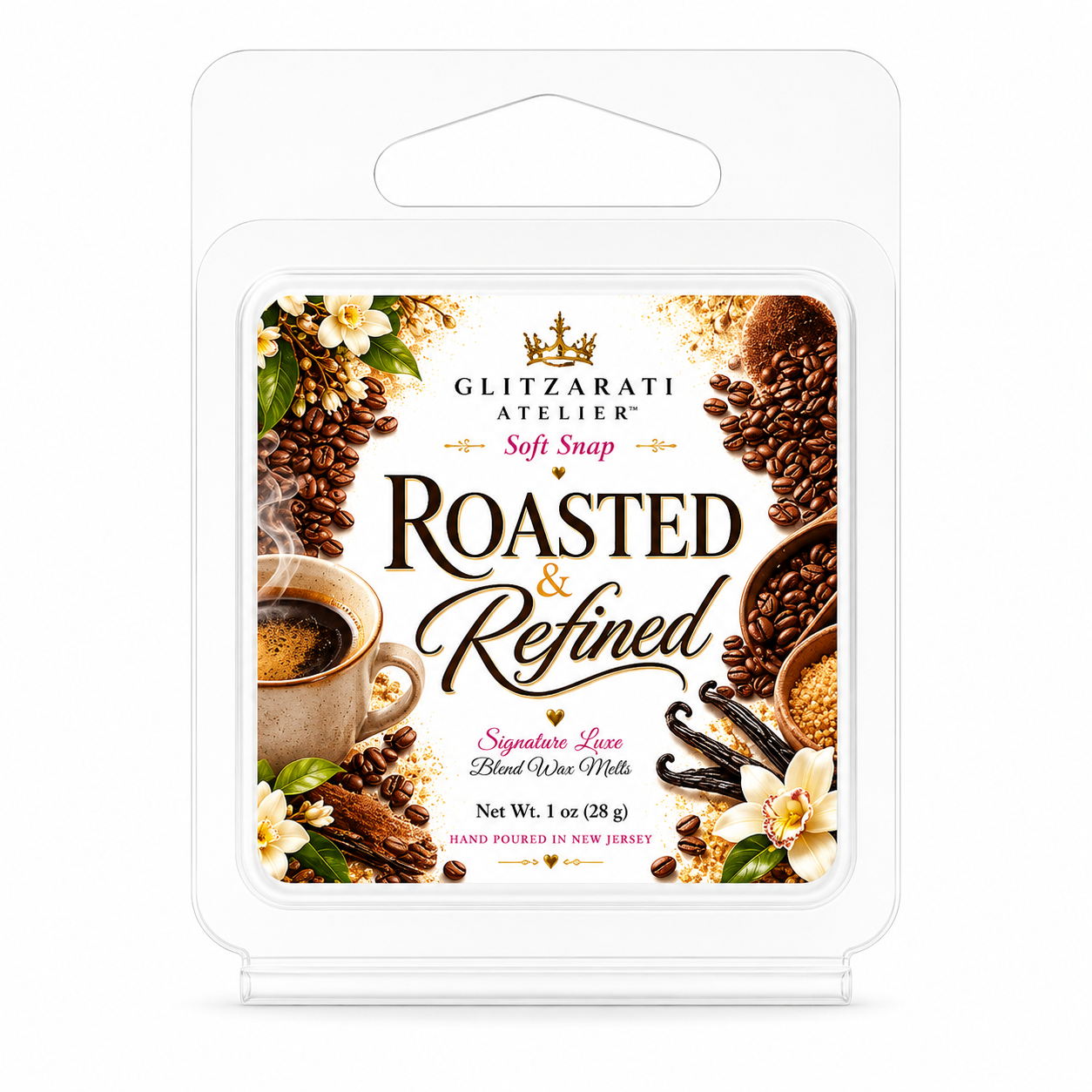 Roasted & Refined | Signature Luxe Blend Wax Melt | Fresh Brewed Coffee, Dark Roast & Espresso | 1 oz Clamshell | Glitzarati Atelier™